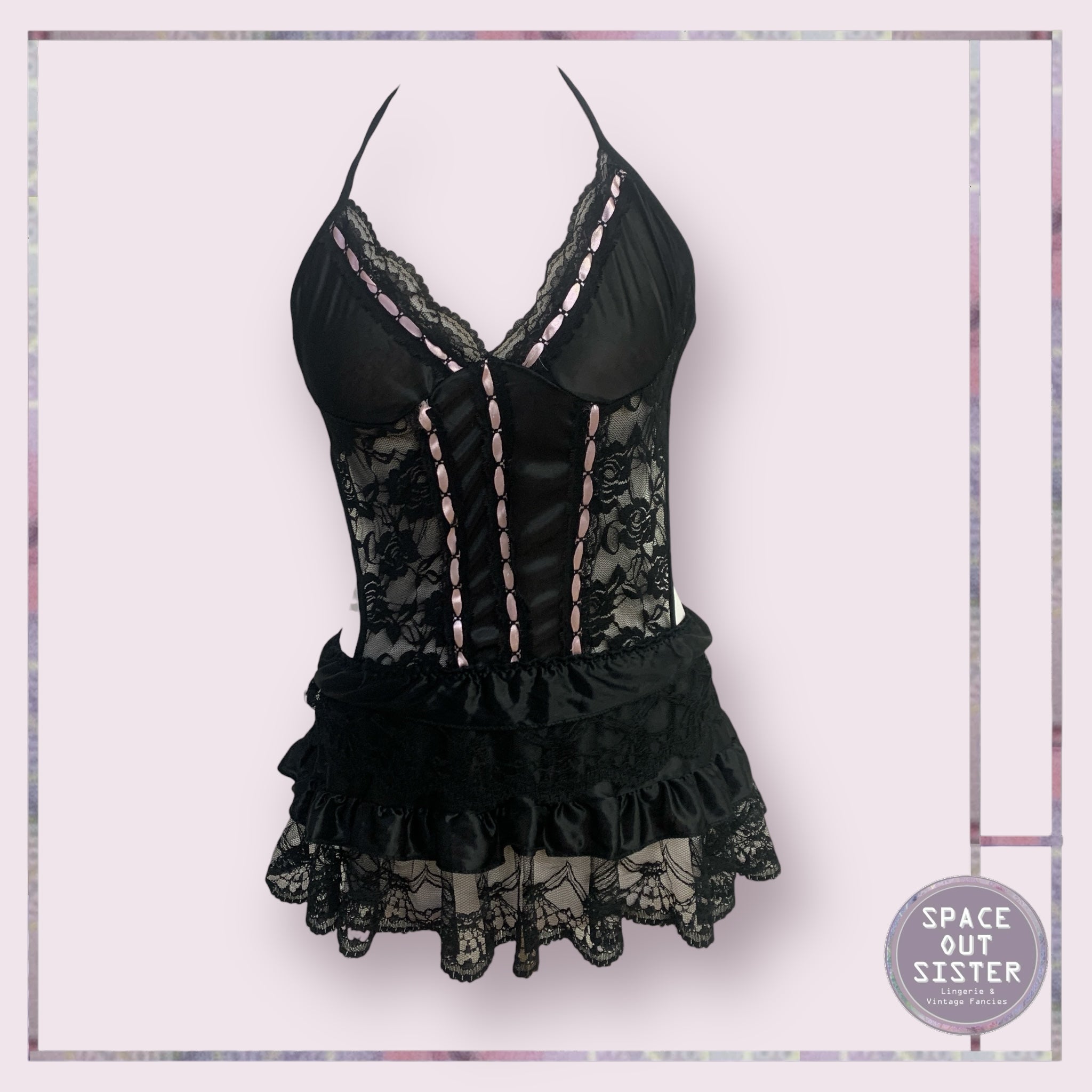 Black Pink Ribbon Lingerie Dress