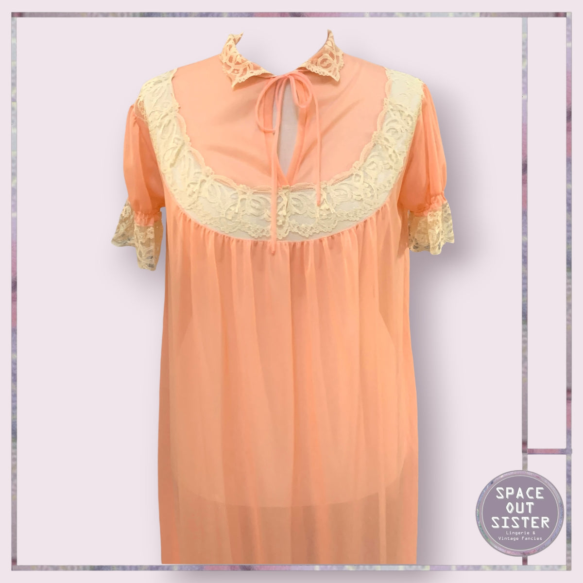 Vintage Lace Sleeve Peach Nightdress Bust 44”