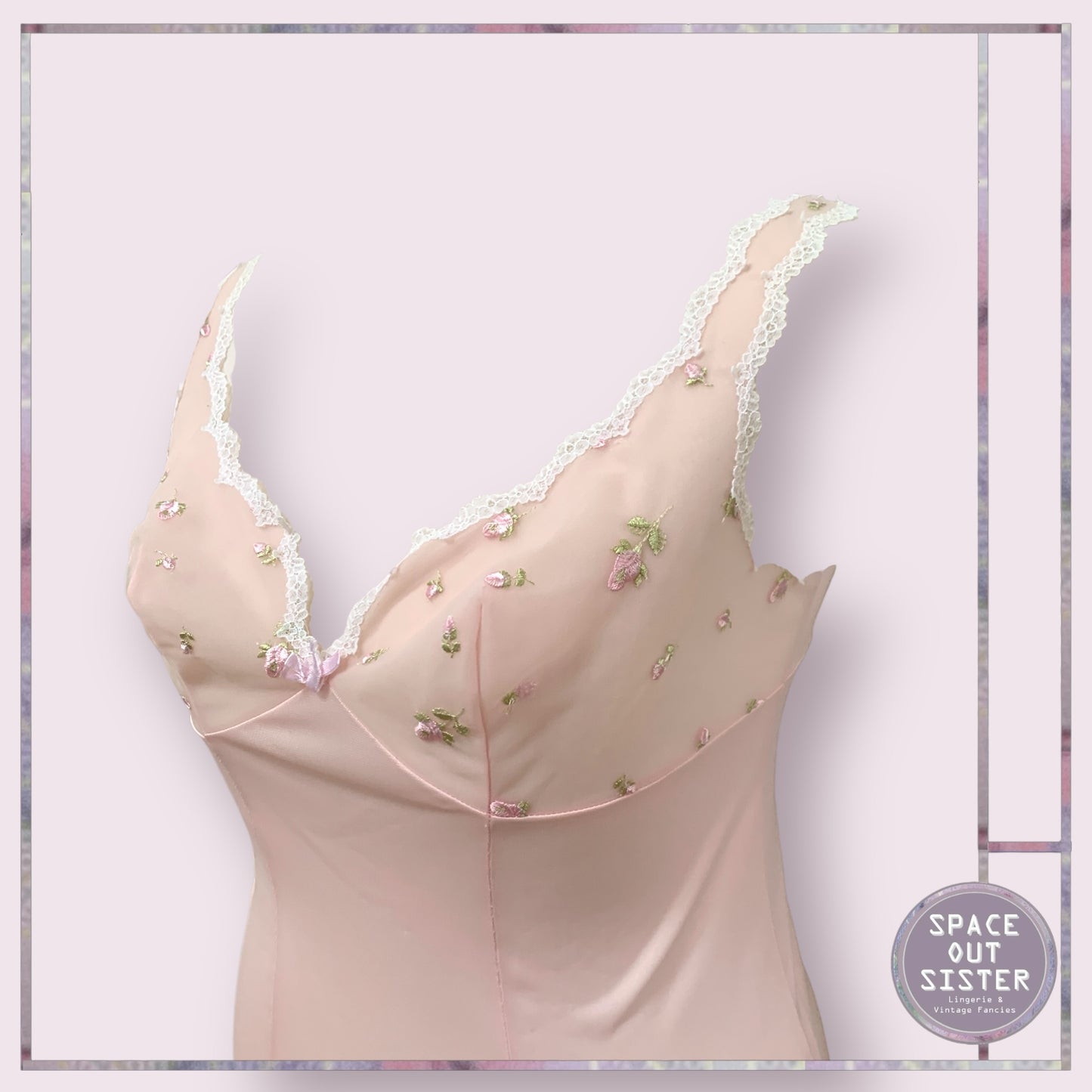 Vintage Pink Embroidered Flower Slip