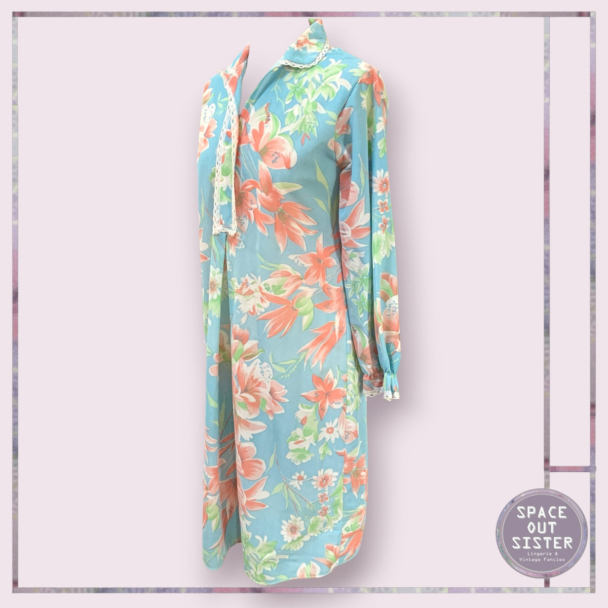 Vintage Blue Nightdress with Red Florals Bust 36”