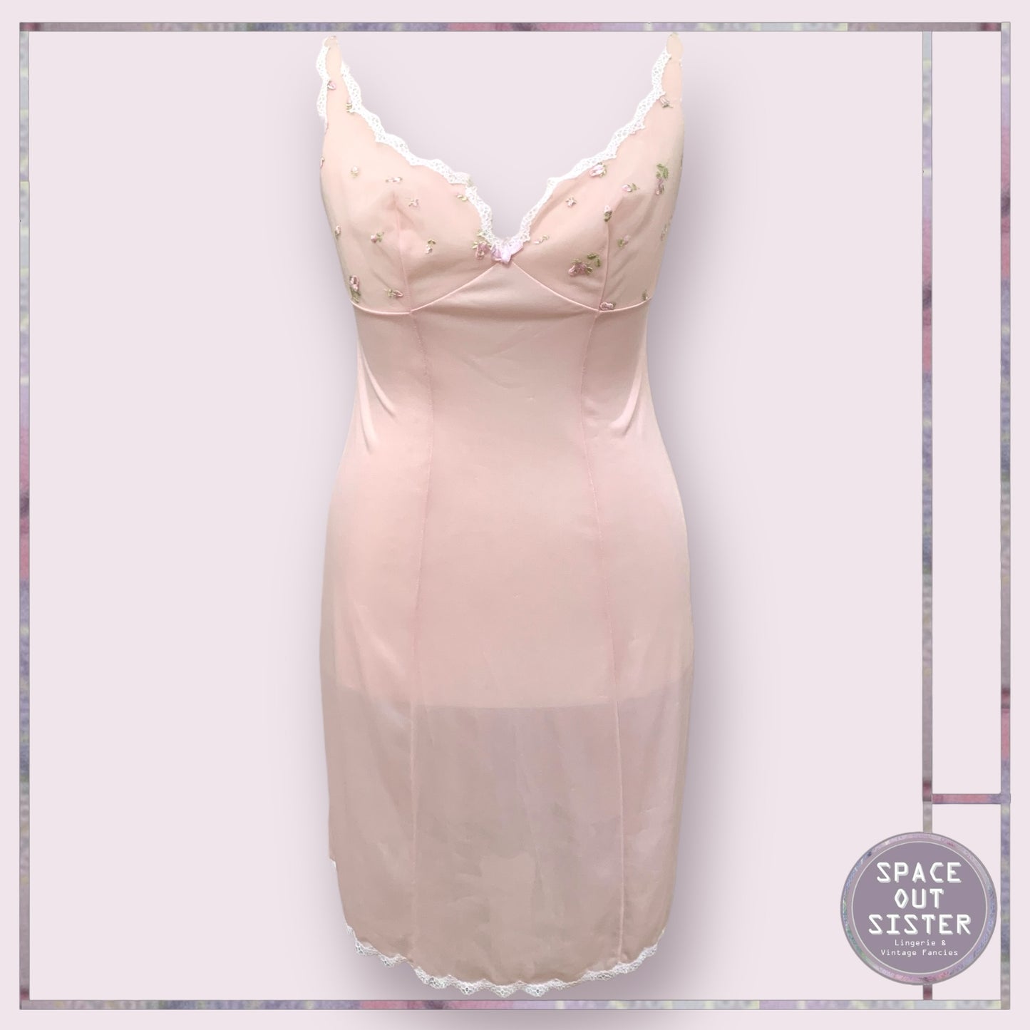 Vintage Pink Embroidered Flower Slip