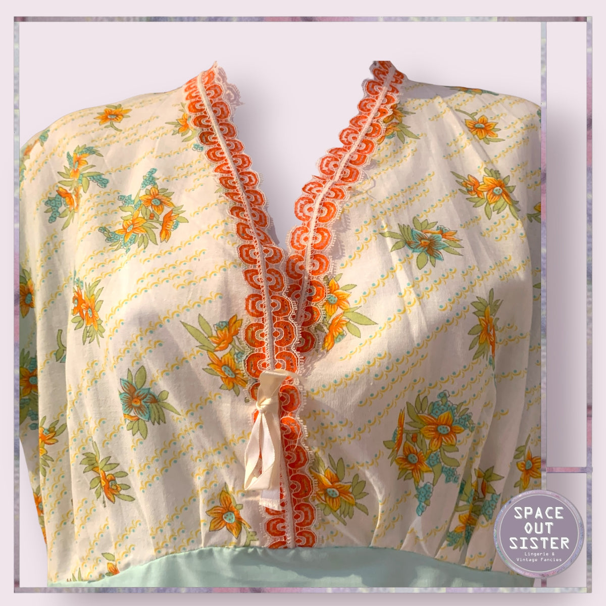 Vintage Mint Green With Orange Nightdress Bust 34”