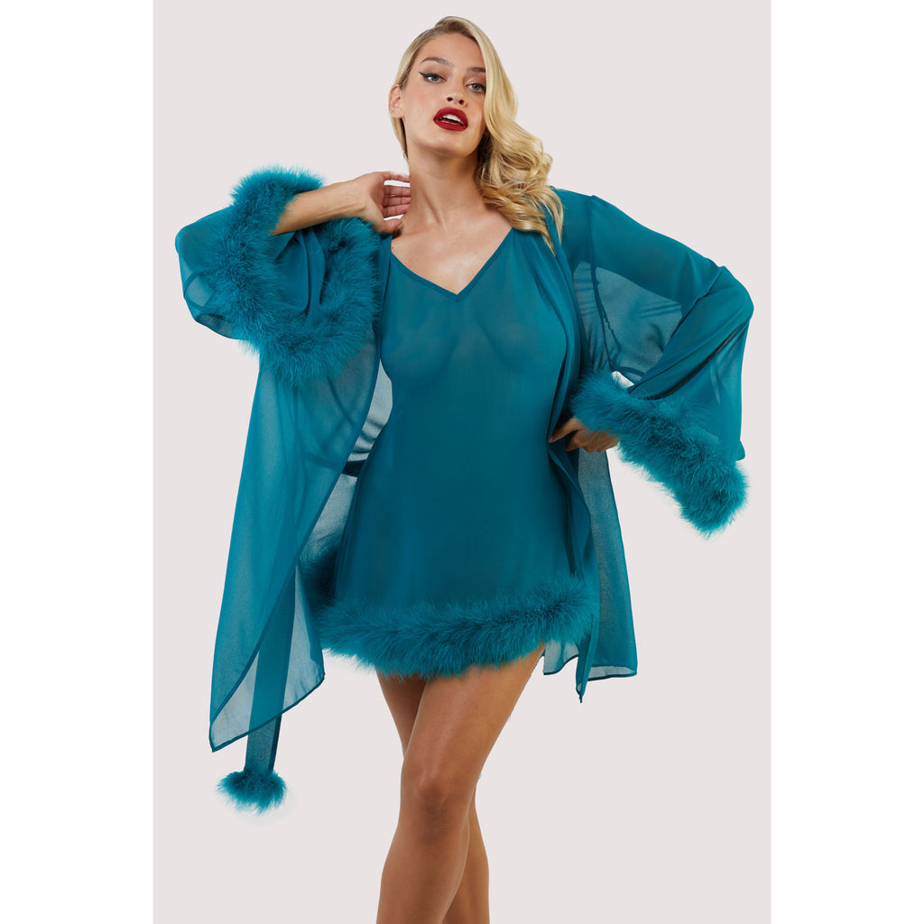 New Bettie Page Teal Feather Trim Robe Space Out Sister New Bettie Page Teal Feather Trim Robe Space Out Sister