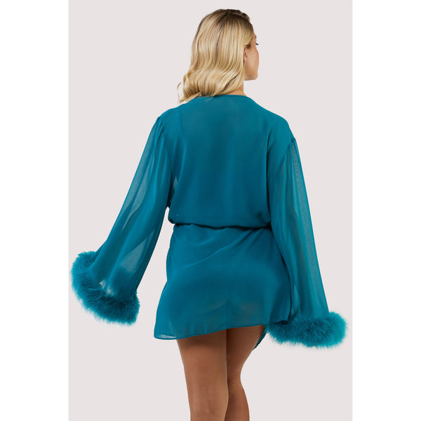 New Bettie Page Teal Feather Trim Robe